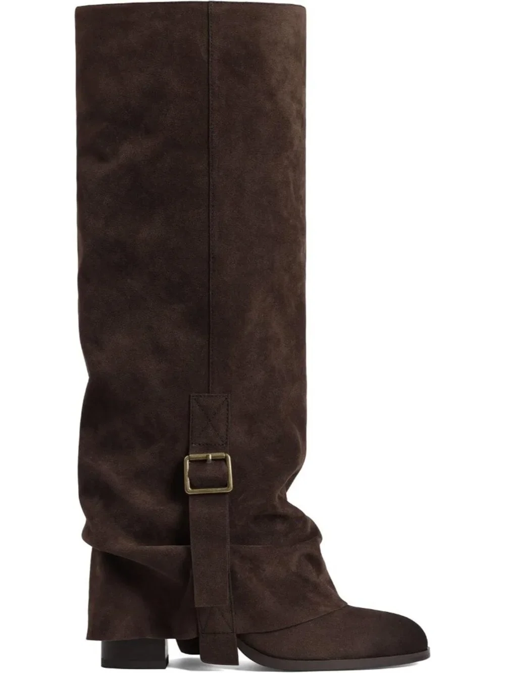 Women's Chocolate Round Toe Chunky Heel Faux Leather Slouch Knee High Boots